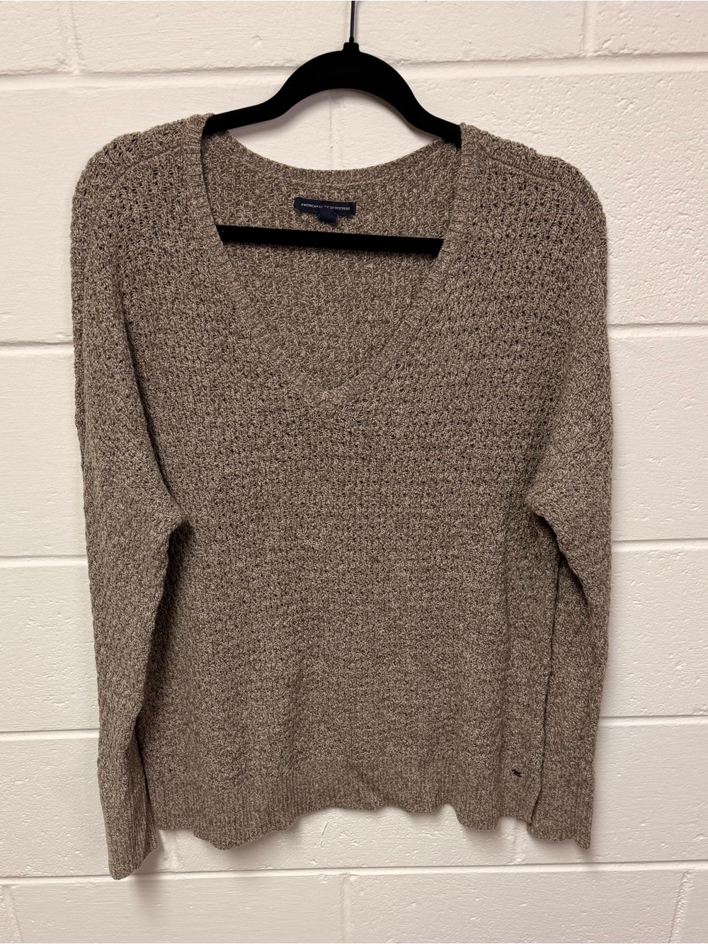 American Eagle Outfitters Taupe V-Neck Textured Knit Sweater